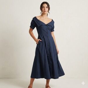 Pearl by Lela Rose Navy Blue Button Front Portrait Collar Midi Dress Size 6